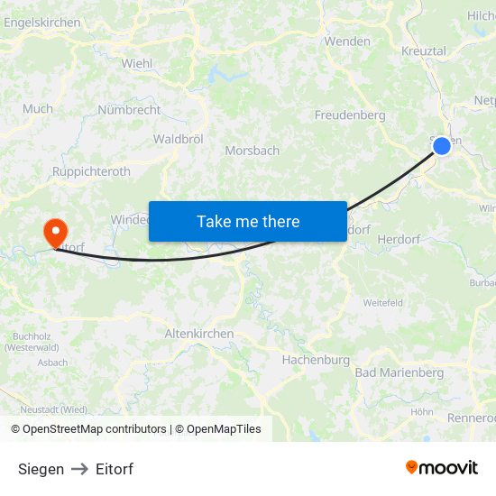 Siegen to Eitorf map