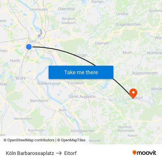 Köln Barbarossaplatz to Eitorf map