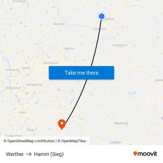 Werther to Hamm (Sieg) map