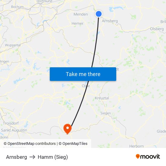 Arnsberg to Hamm (Sieg) map