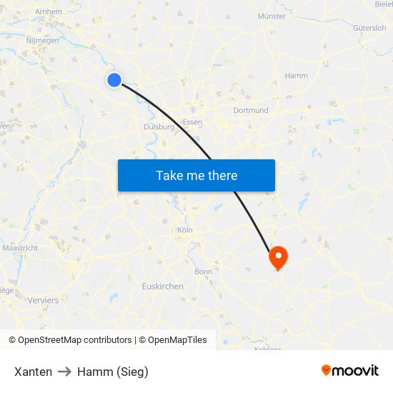 Xanten to Hamm (Sieg) map