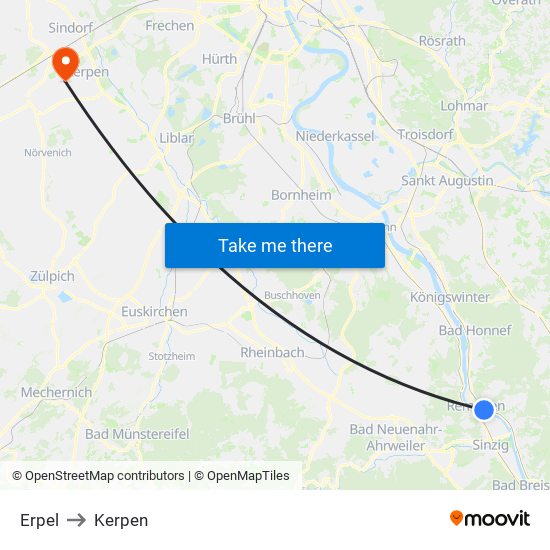 Erpel to Kerpen map