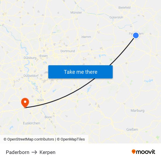 Paderborn to Kerpen map