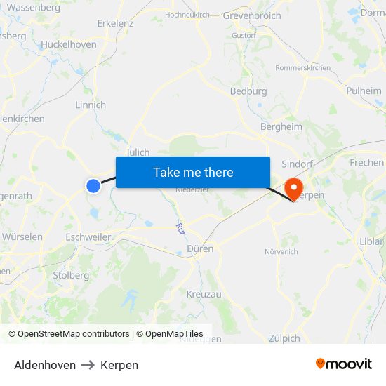 Aldenhoven to Kerpen map