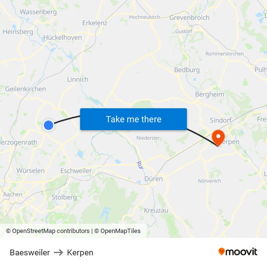 Baesweiler to Kerpen map