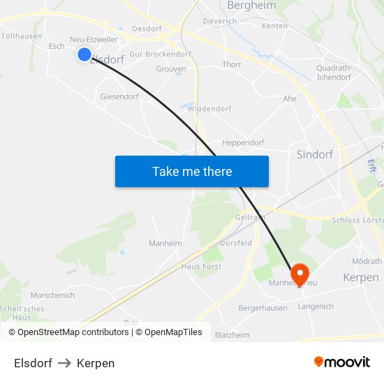 Elsdorf to Kerpen map