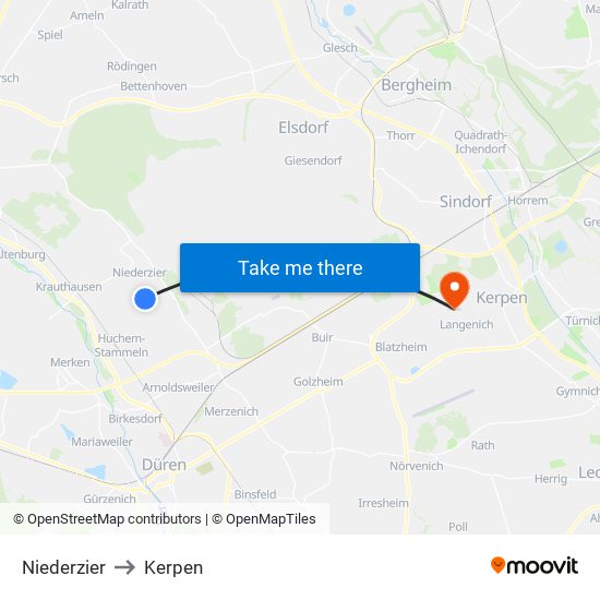 Niederzier to Kerpen map