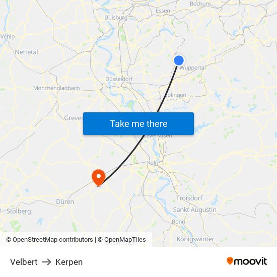 Velbert to Kerpen map