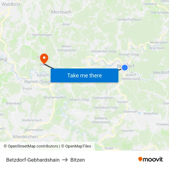 Betzdorf-Gebhardshain to Bitzen map