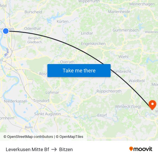 Leverkusen Mitte Bf to Bitzen map