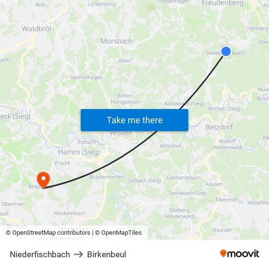 Niederfischbach to Birkenbeul map