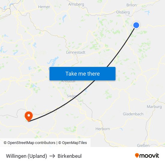 Willingen (Upland) to Birkenbeul map