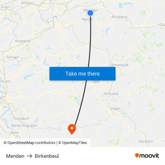 Menden to Birkenbeul map