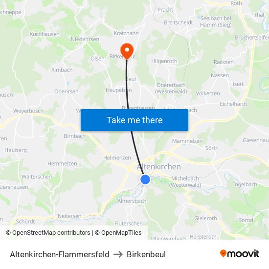 Altenkirchen-Flammersfeld to Birkenbeul map