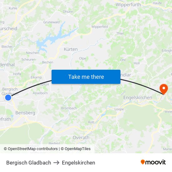 Bergisch Gladbach to Engelskirchen map