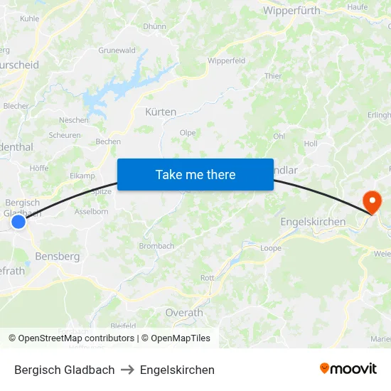 Bergisch Gladbach to Engelskirchen map