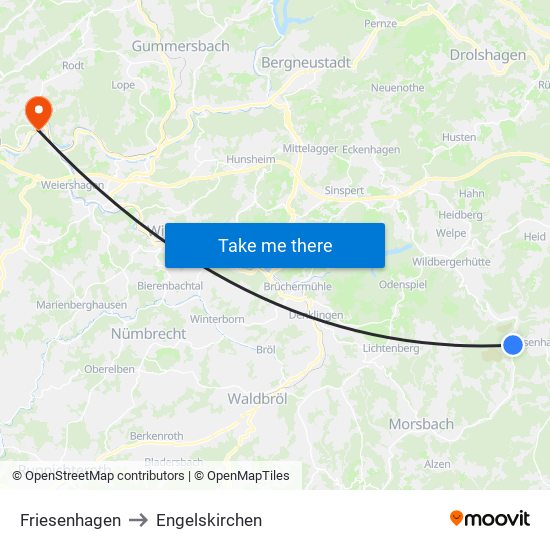 Friesenhagen to Engelskirchen map