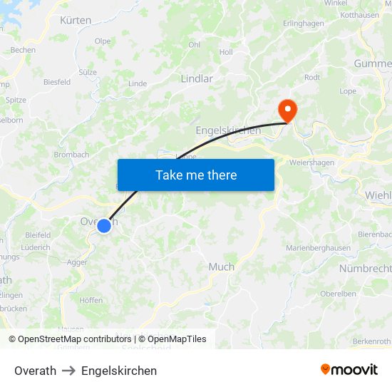 Overath to Engelskirchen map