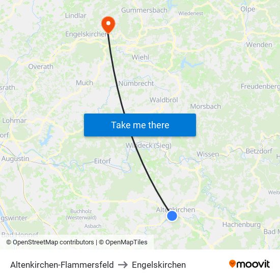 Altenkirchen-Flammersfeld to Engelskirchen map