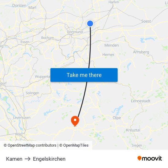 Kamen to Engelskirchen map
