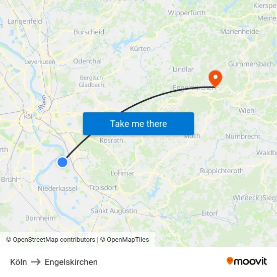 Köln to Engelskirchen map