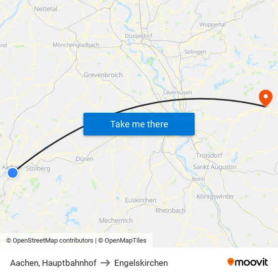 Aachen, Hauptbahnhof to Engelskirchen map