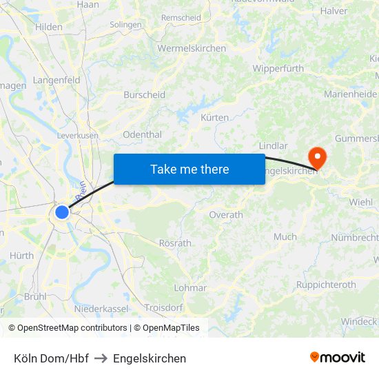 Köln Dom/Hbf to Engelskirchen map