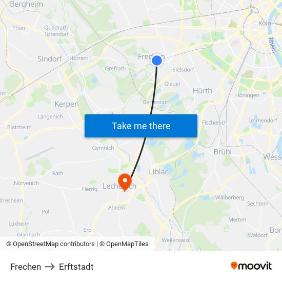 Frechen to Erftstadt map