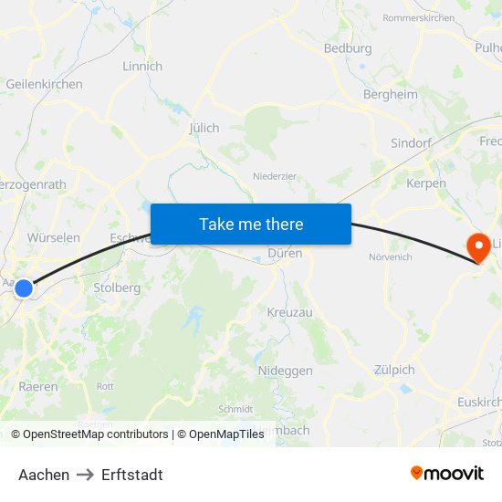 Aachen to Erftstadt map