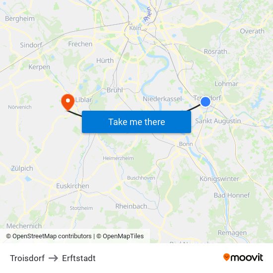 Troisdorf to Erftstadt map