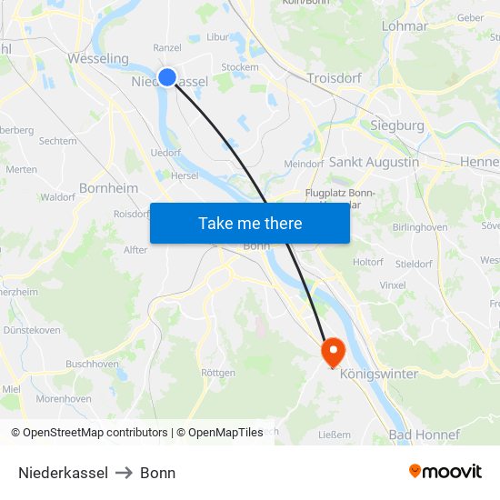 Niederkassel to Bonn map