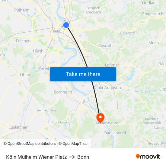 Köln Mülheim Wiener Platz to Bonn map