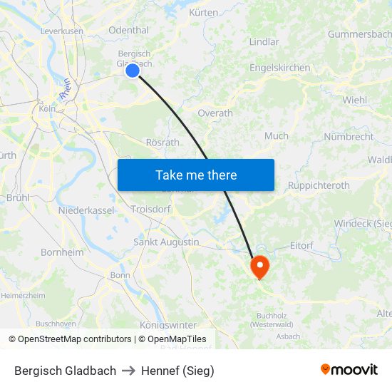 Bergisch Gladbach to Hennef (Sieg) map