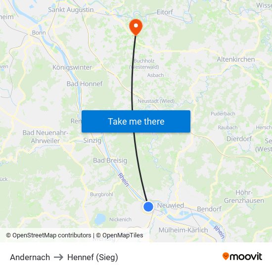 Andernach to Hennef (Sieg) map