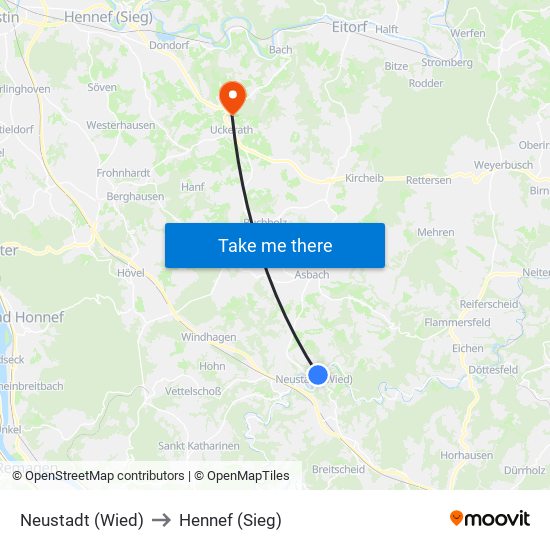 Neustadt (Wied) to Hennef (Sieg) map