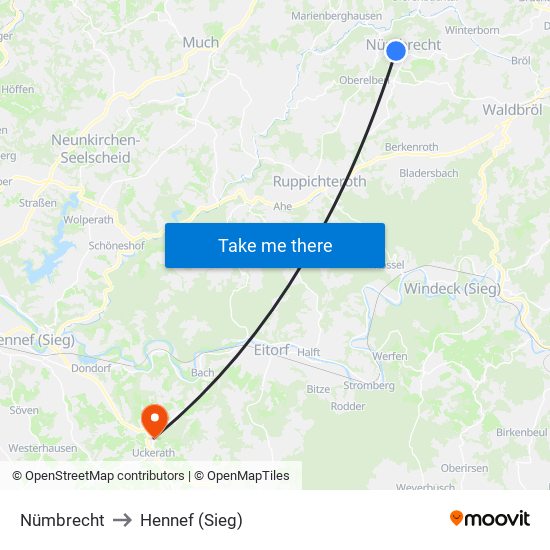 Nümbrecht to Hennef (Sieg) map