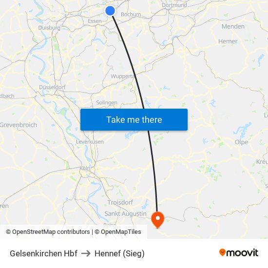 Gelsenkirchen Hbf to Hennef (Sieg) map