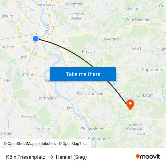 Köln Friesenplatz to Hennef (Sieg) map