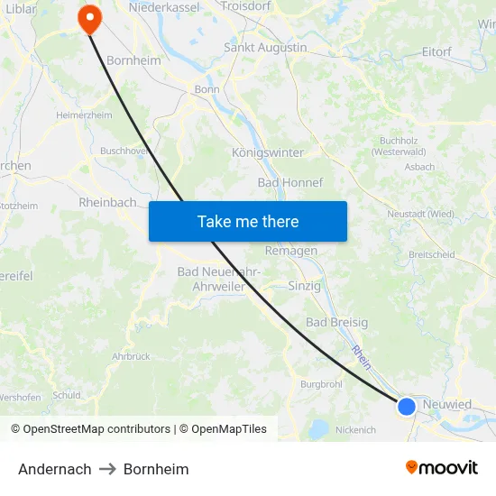 Andernach to Bornheim map
