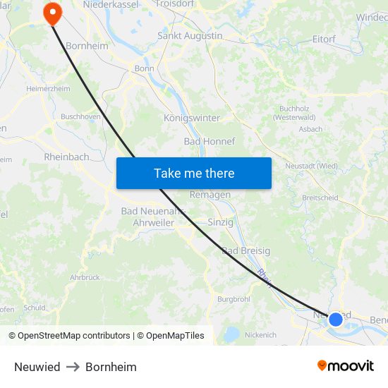 Neuwied to Bornheim map