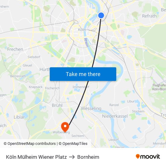 Köln Mülheim Wiener Platz to Bornheim map