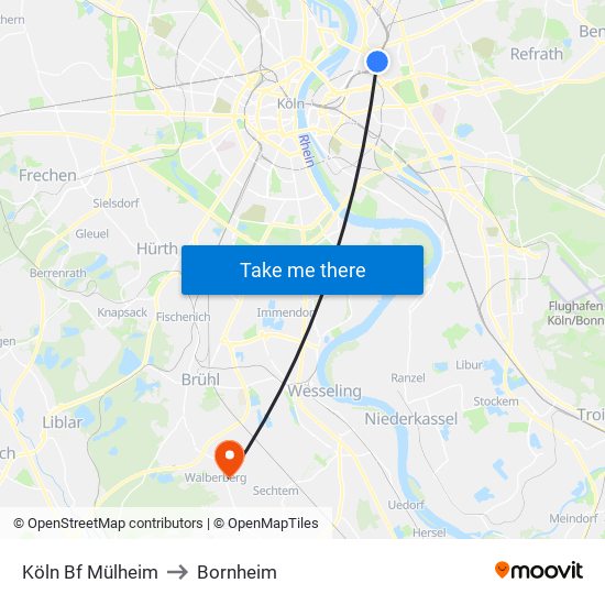 Köln Bf Mülheim to Bornheim map