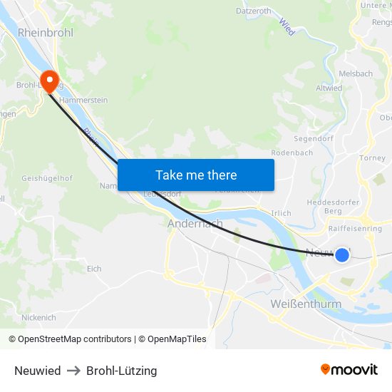 Neuwied to Brohl-Lützing map