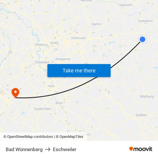 Bad Wünnenberg to Eschweiler map