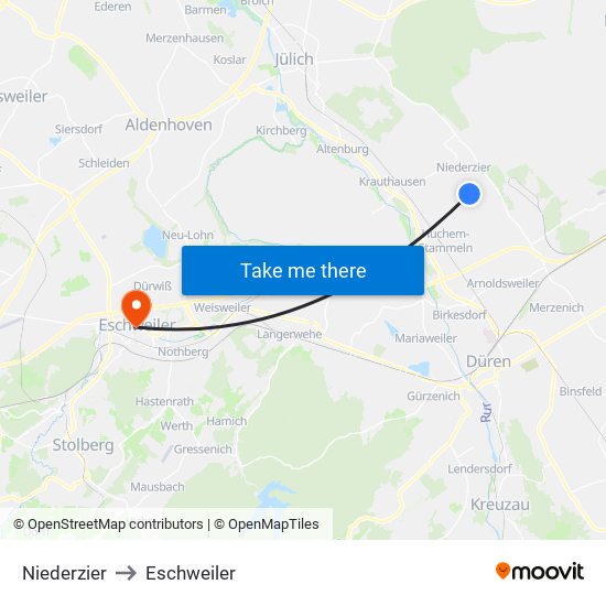 Niederzier to Eschweiler map