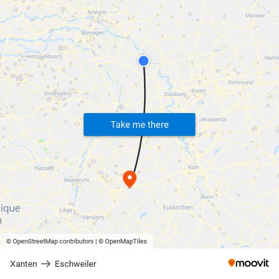 Xanten to Eschweiler map