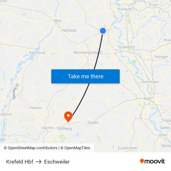 Krefeld Hbf to Eschweiler map