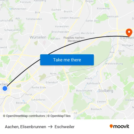 Aachen, Elisenbrunnen to Eschweiler map