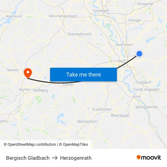 Bergisch Gladbach to Herzogenrath map