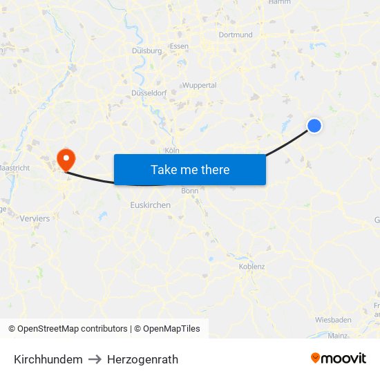 Kirchhundem to Herzogenrath map
